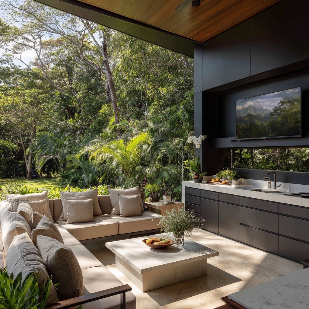 Inspiración de cocina con materiales cálidos y vegetación