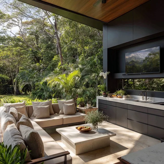 Inspiración de cocina con materiales cálidos y vegetación